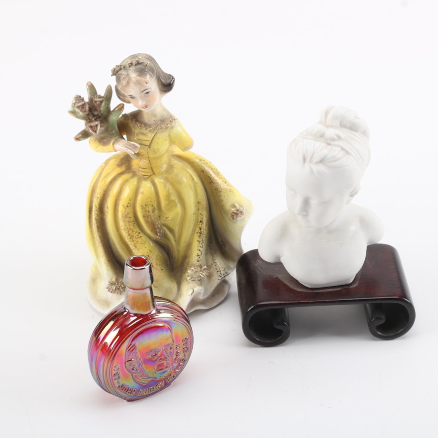 Ceramic Figurine, Bust and Presidential Glass Bottle