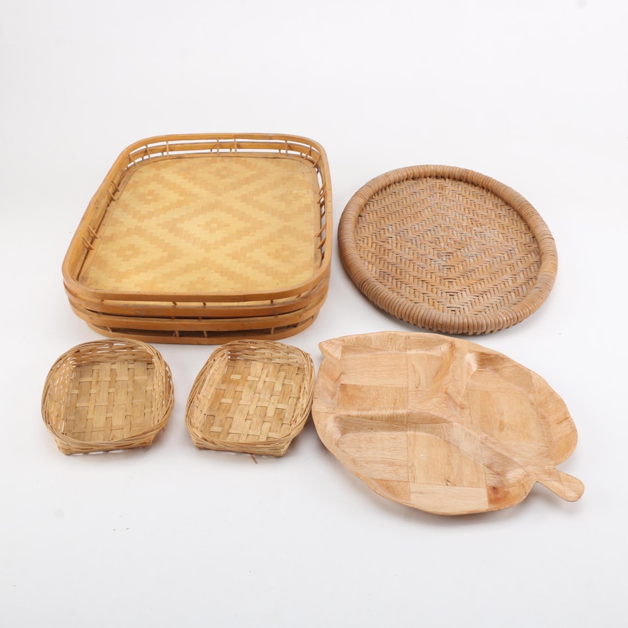 Vintage Wooden and Woven Serving Trays