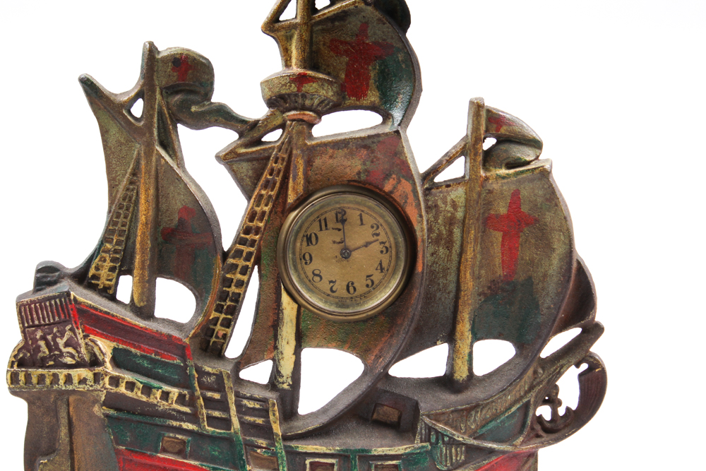 Vintage Cast Iron Ship Doorstop With Clock