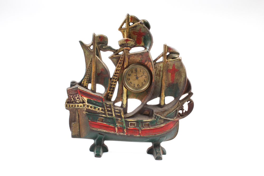 Vintage Cast Iron Ship Doorstop With Clock