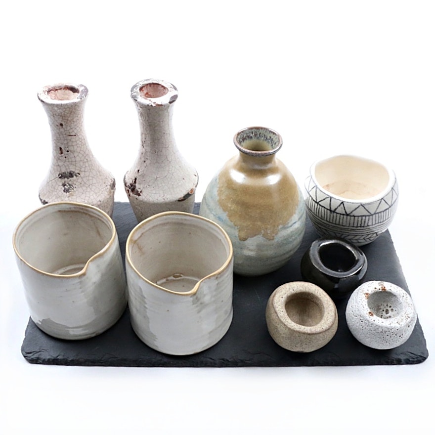 Hand Thrown Stoneware Vessels and Slate Tray