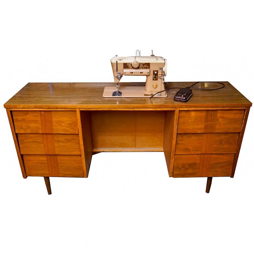 Mid Century Modern Desk by Ward with Singer Sewing Machine
