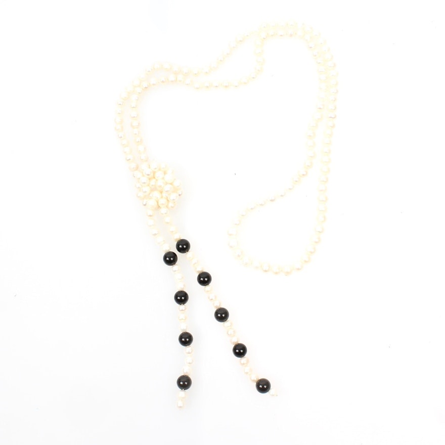 Freshwater Pearl and Onyx Lariat Necklace