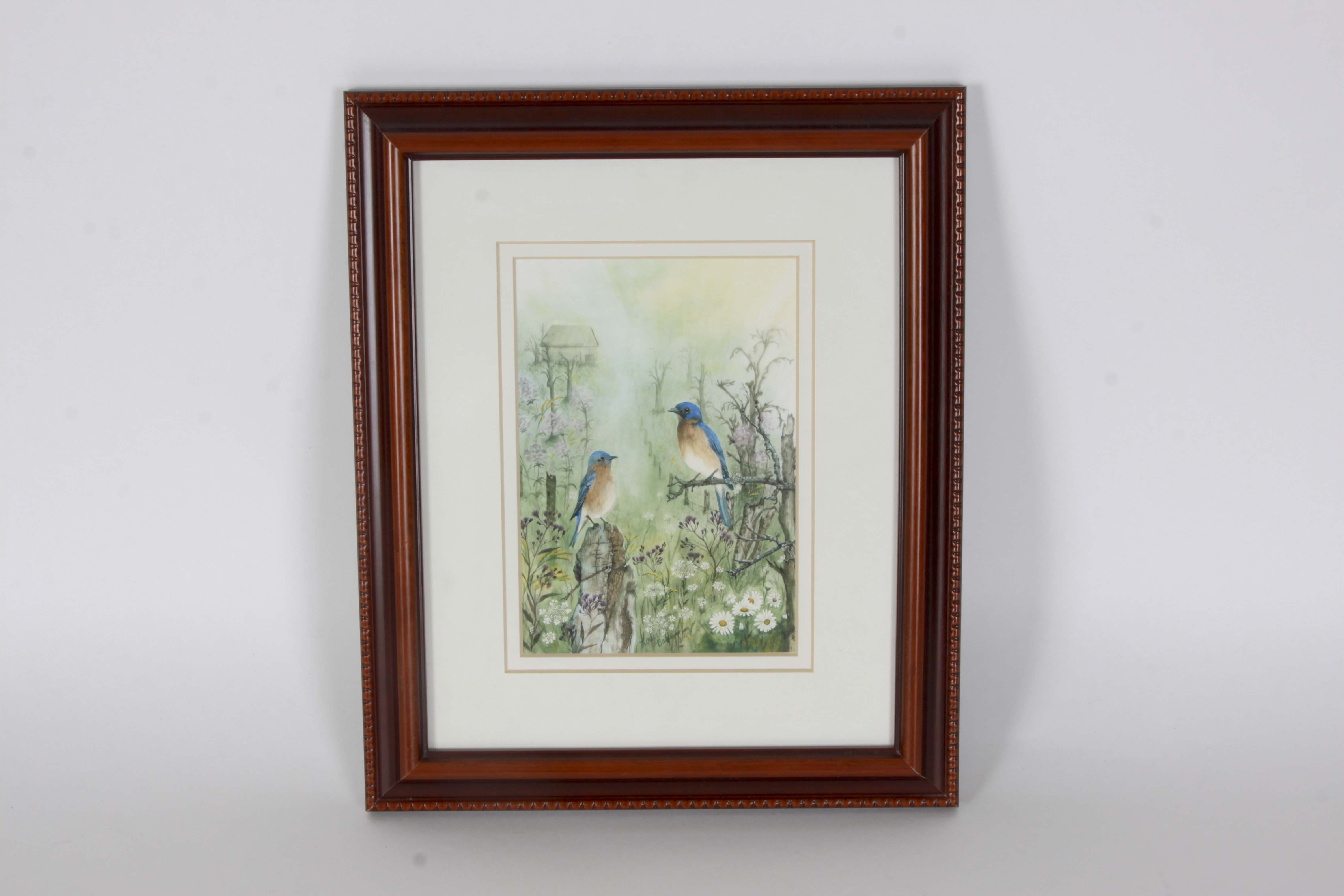 Louise Bales Signed Watercolor "Fall Bluebirds"