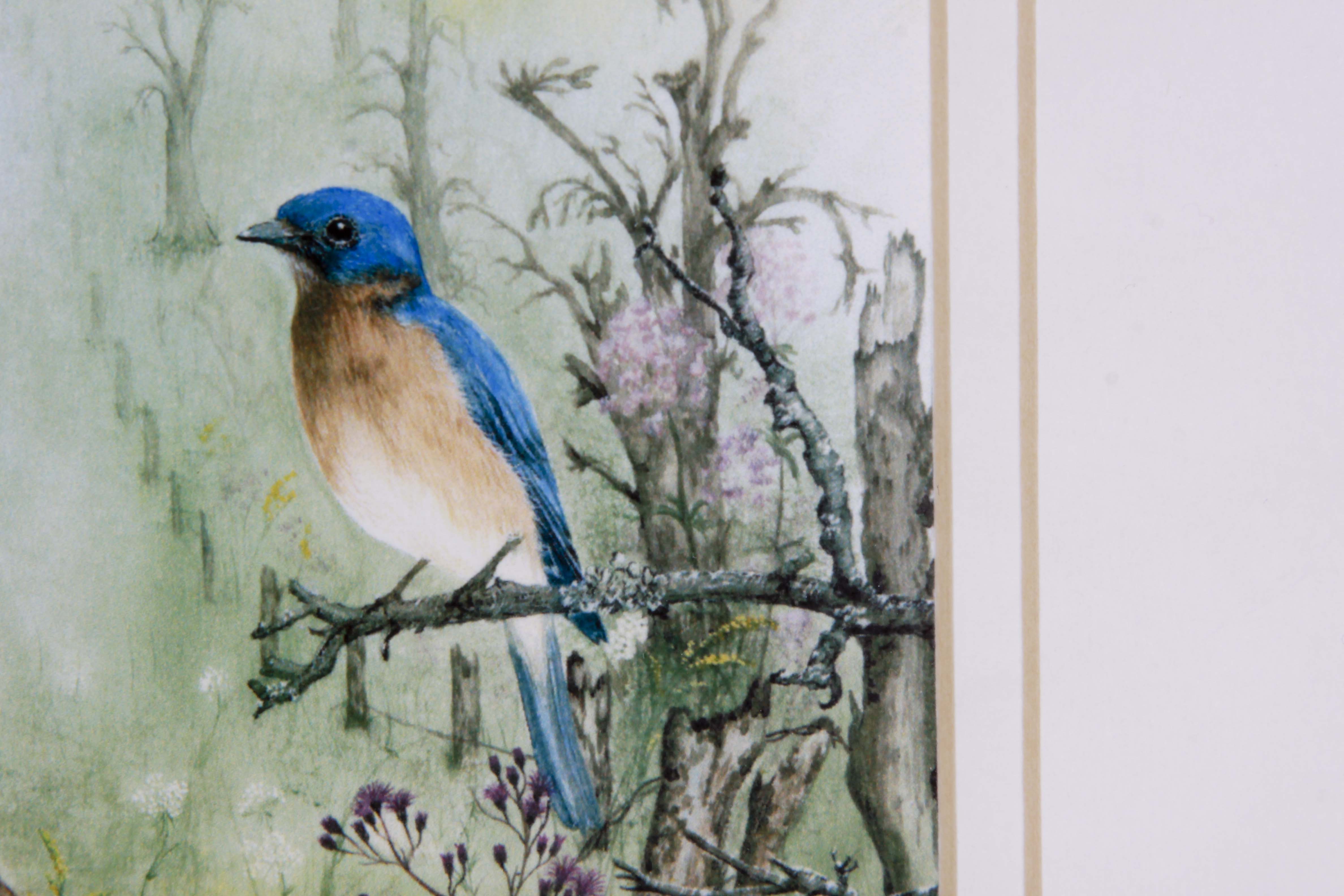 Louise Bales Signed Watercolor "Fall Bluebirds"