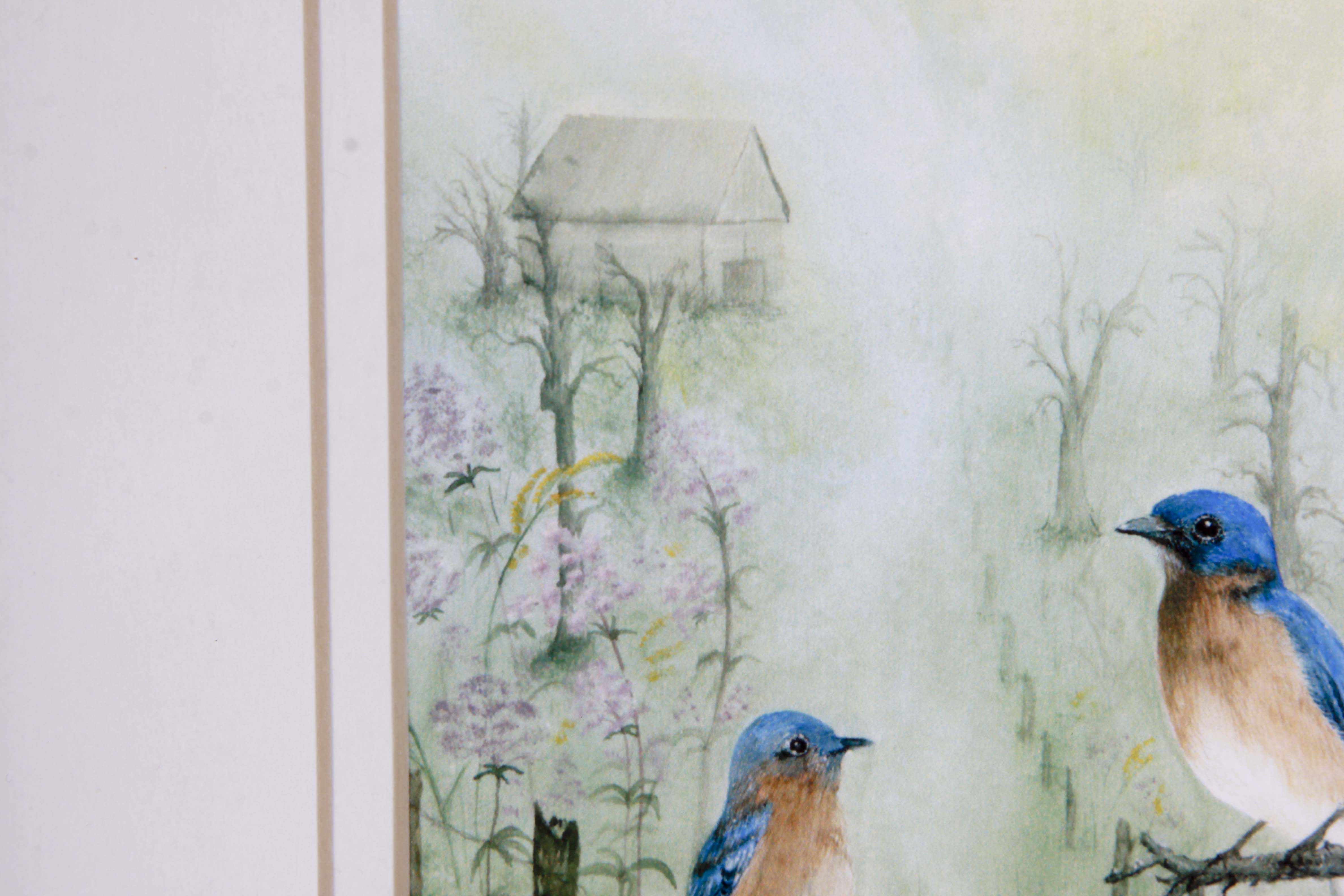 Louise Bales Signed Watercolor "Fall Bluebirds"