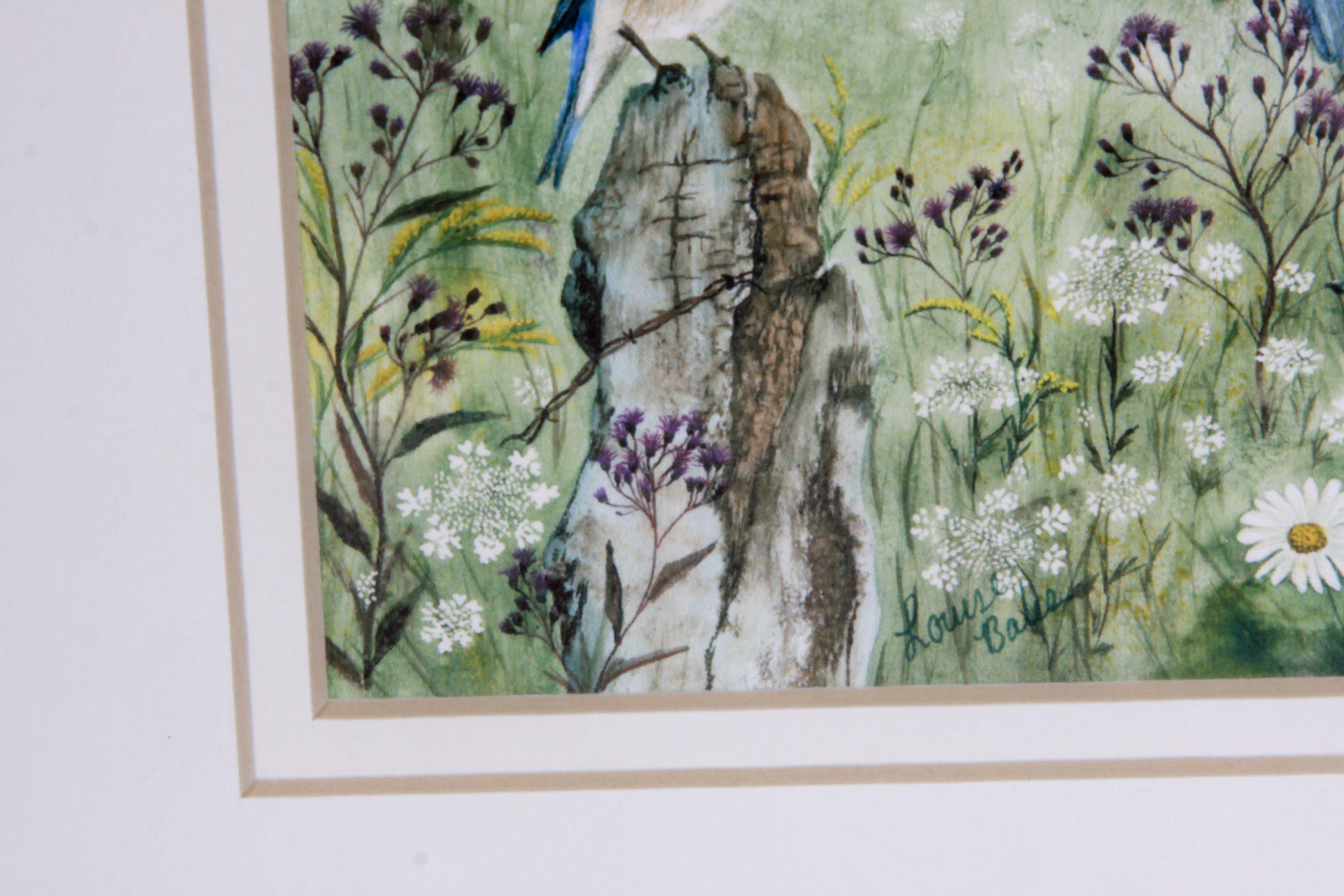 Louise Bales Signed Watercolor "Fall Bluebirds"