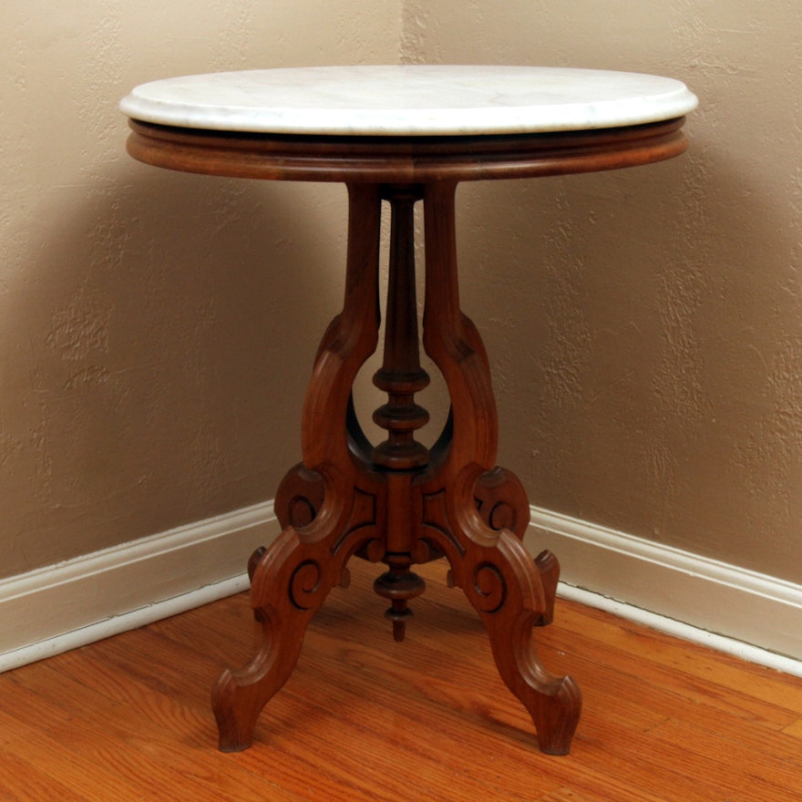 Antique Eastlake Walnut and Marble Topped End Table