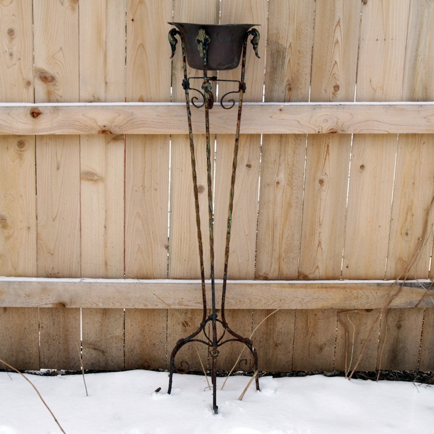 Antique Victorian Wrought Iron Plant Stand With Copper Basin