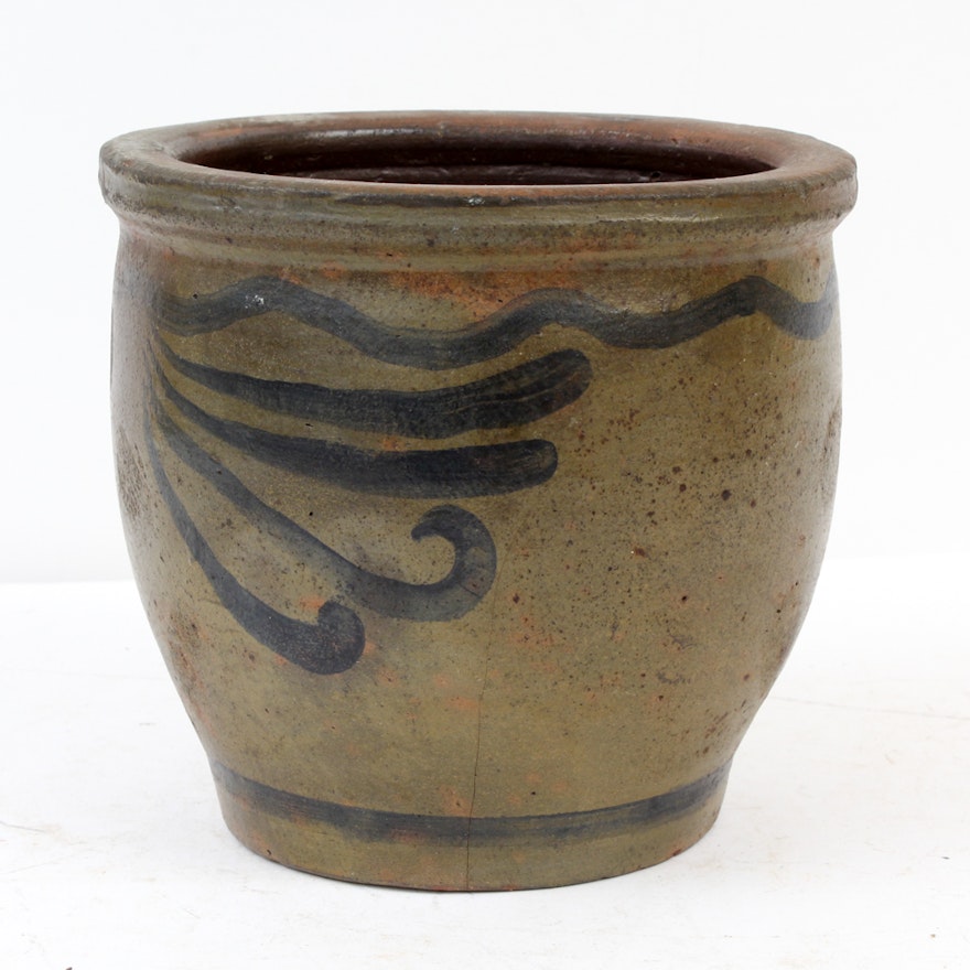 Antique Stoneware Crock with Painted Scrolling Decoration