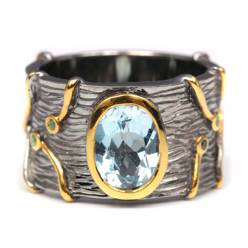 Oxidized Sterling Silver Blue Topaz and Peridot Band