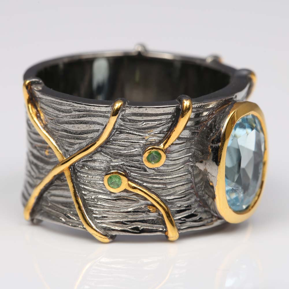 Oxidized Sterling Silver Blue Topaz and Peridot Band