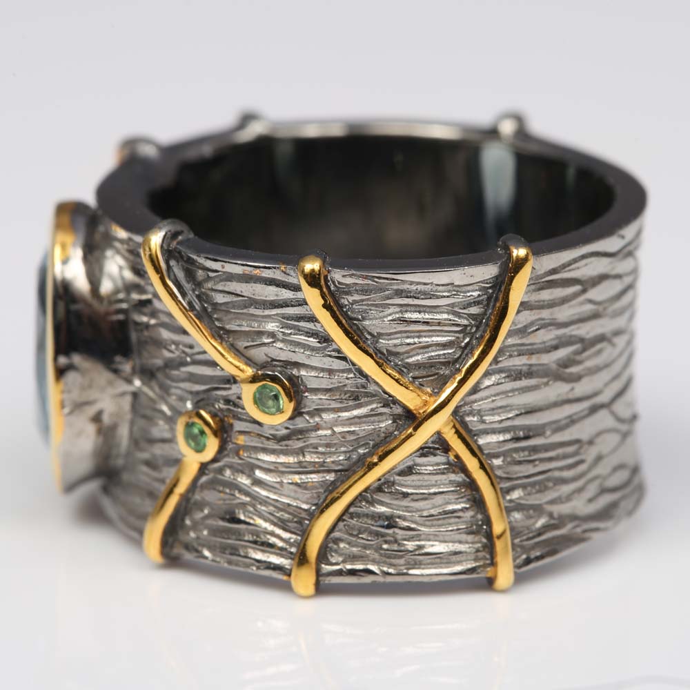 Oxidized Sterling Silver Blue Topaz and Peridot Band