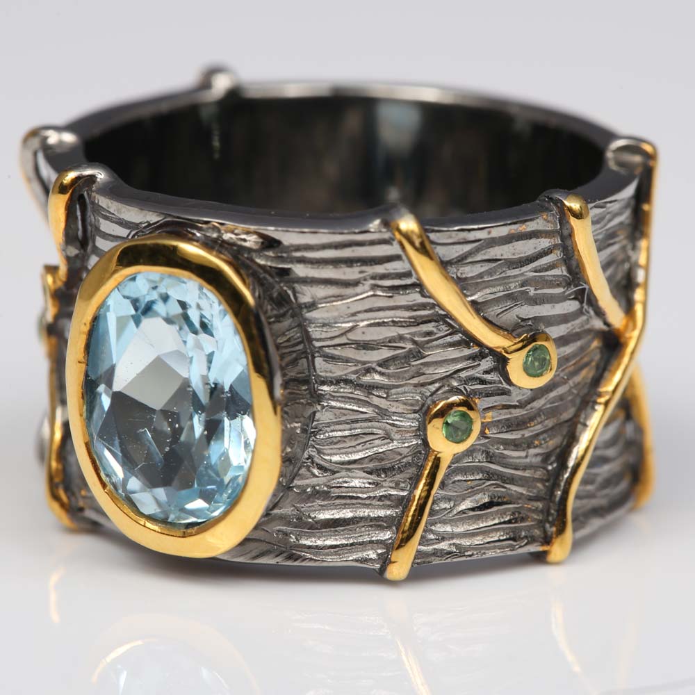 Oxidized Sterling Silver Blue Topaz and Peridot Band
