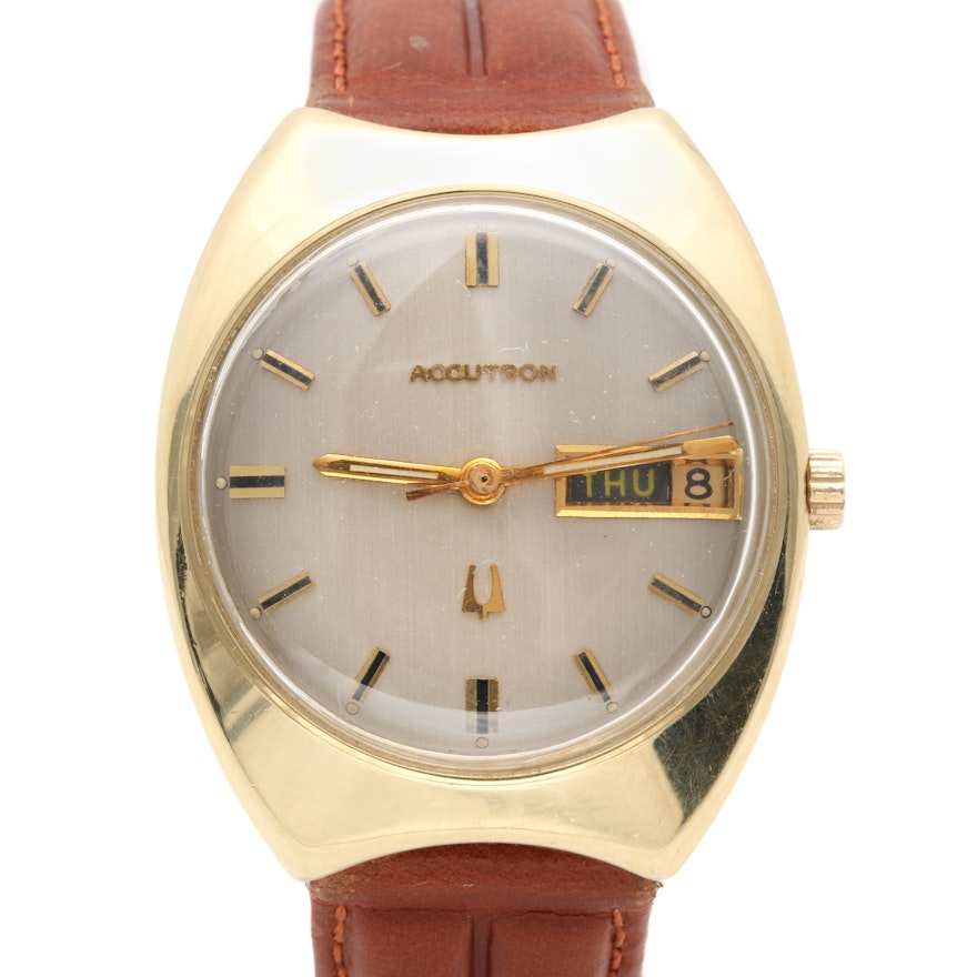 Bulova Accutron 14K Yellow Gold Wristwatch With Leather Band