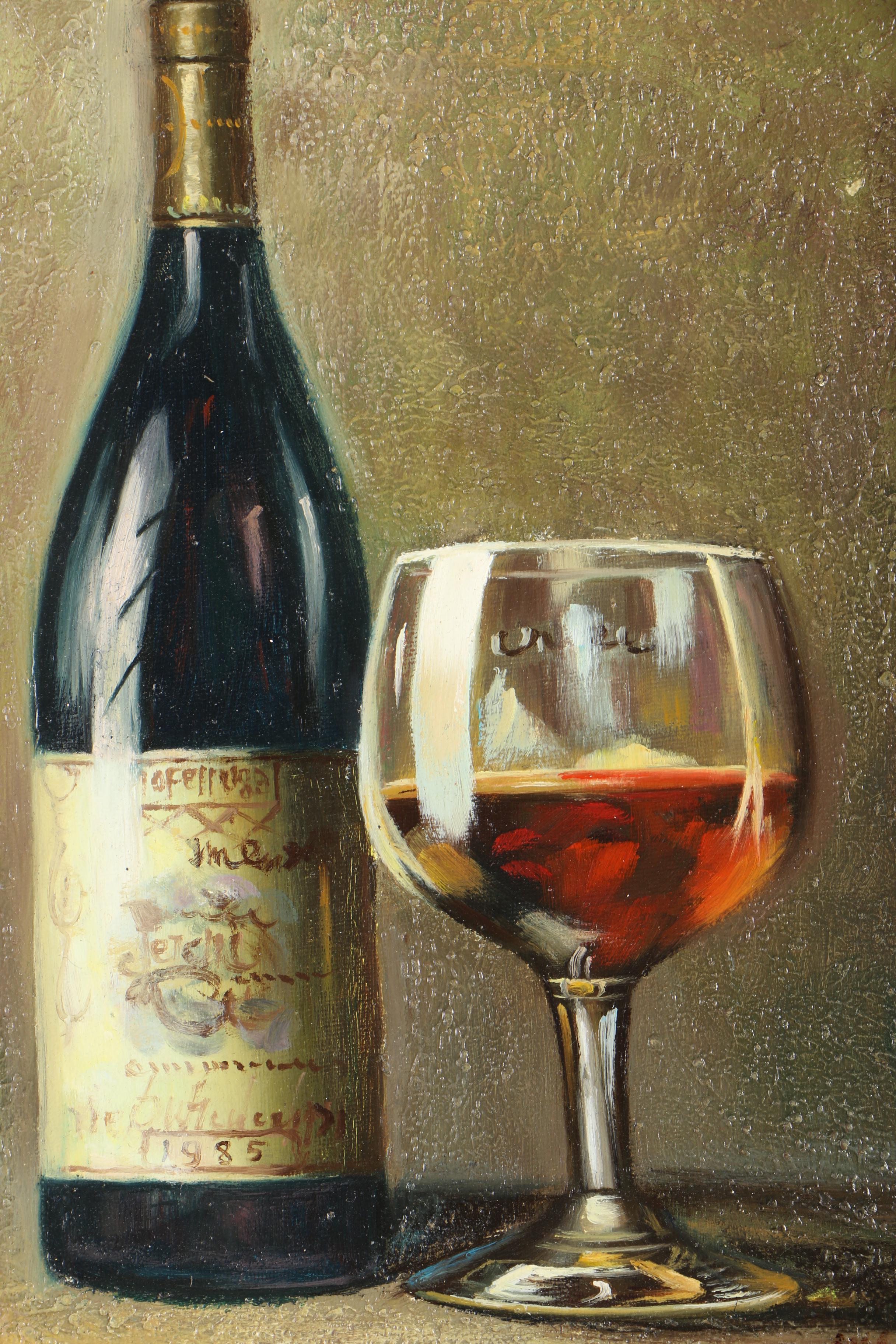 Oil Painting of Wine Bottle and Glass