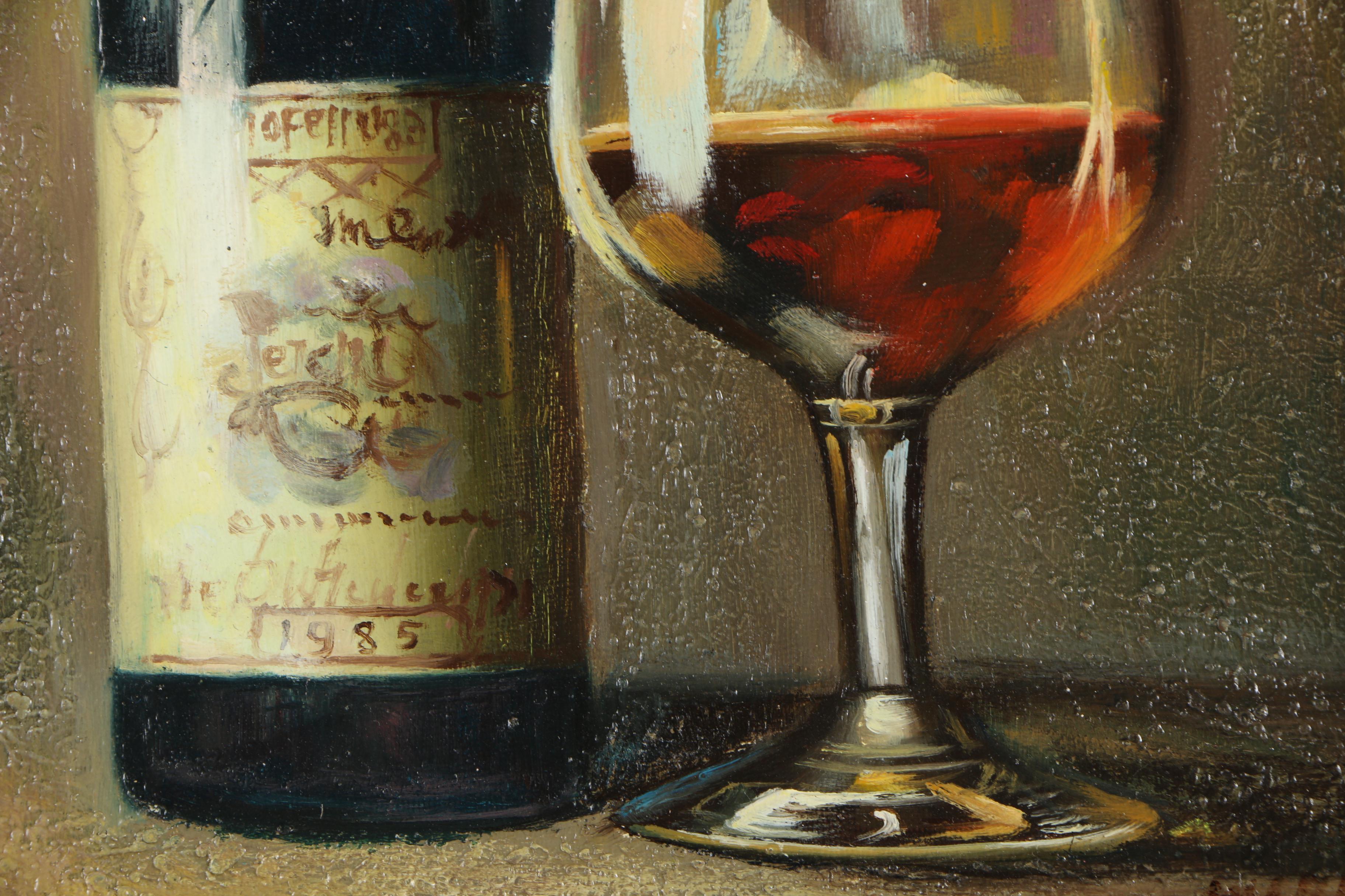 Oil Painting of Wine Bottle and Glass