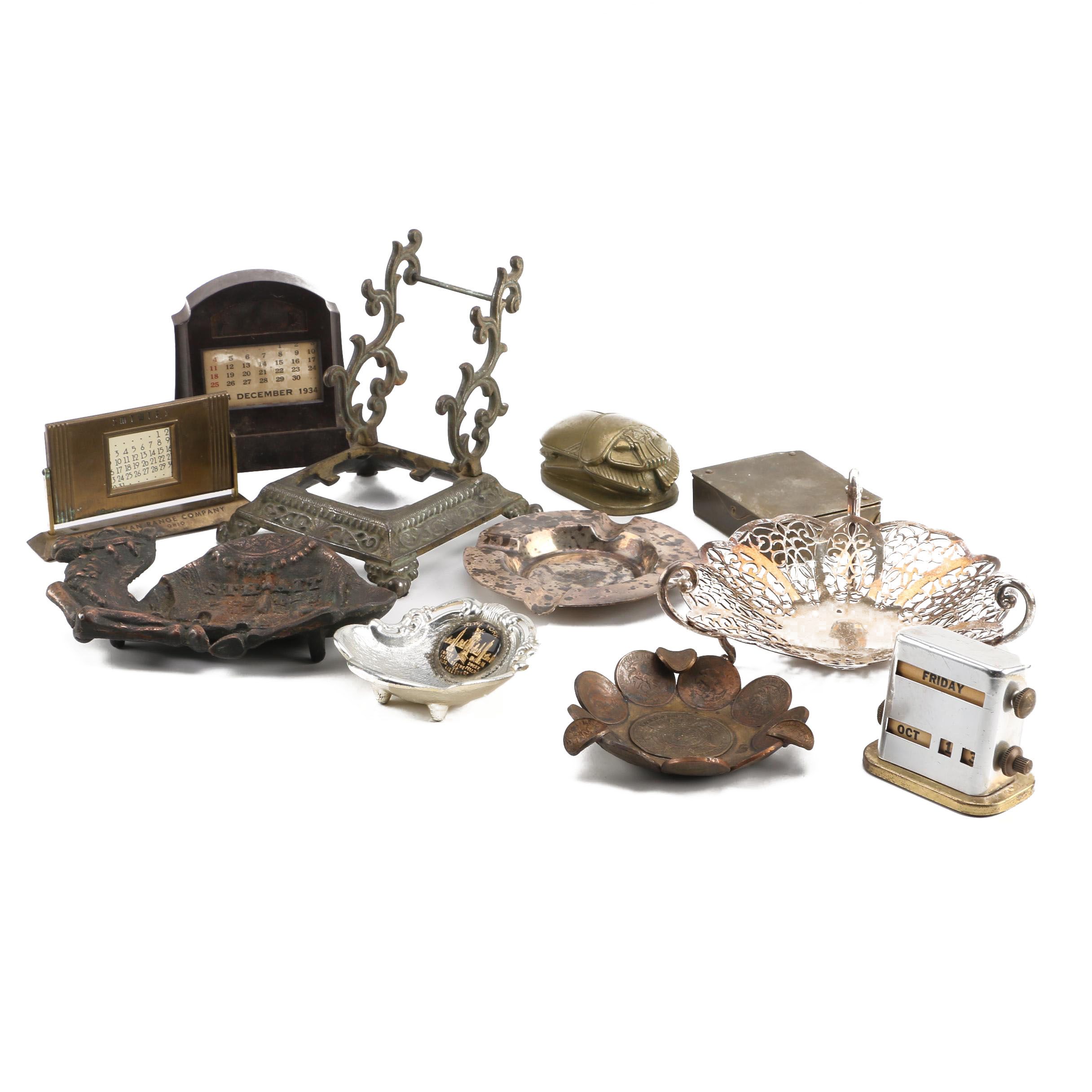 Collection of Circa 1940s Silver Plate and Brass Office Décor
