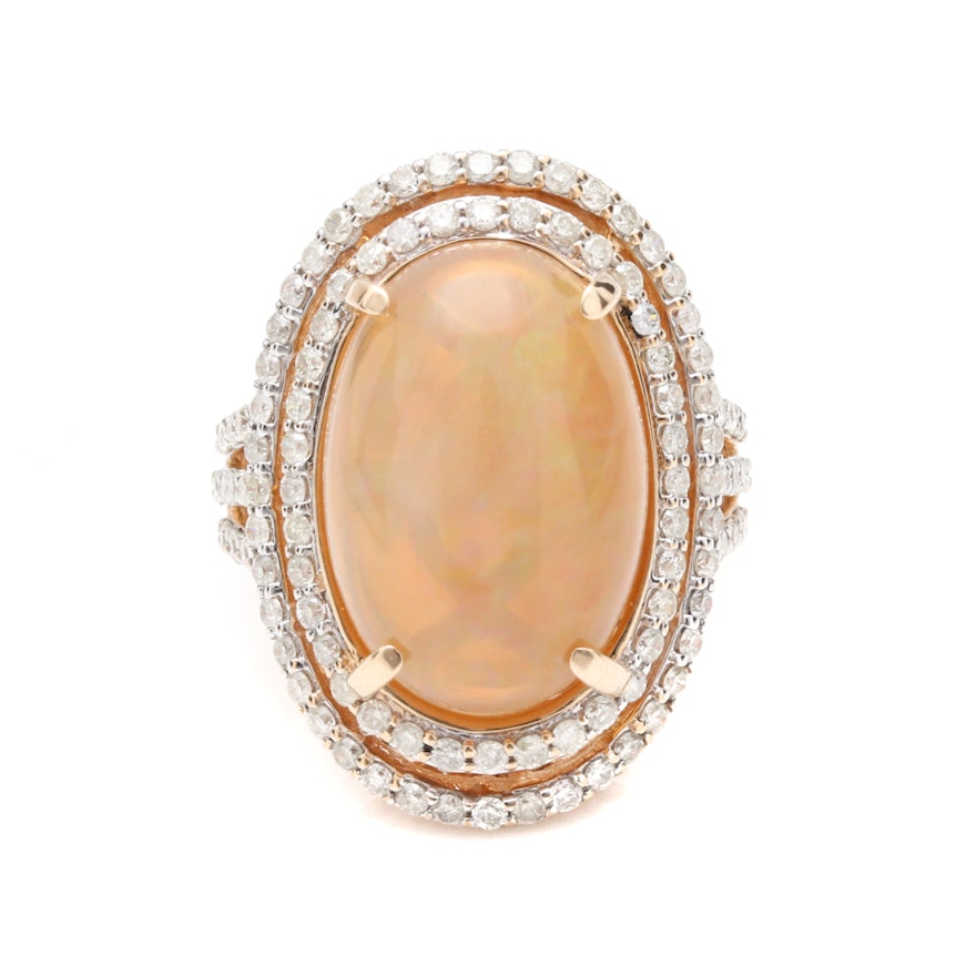 14K Yellow Gold Opal and 1.53 CTW Diamond Ring