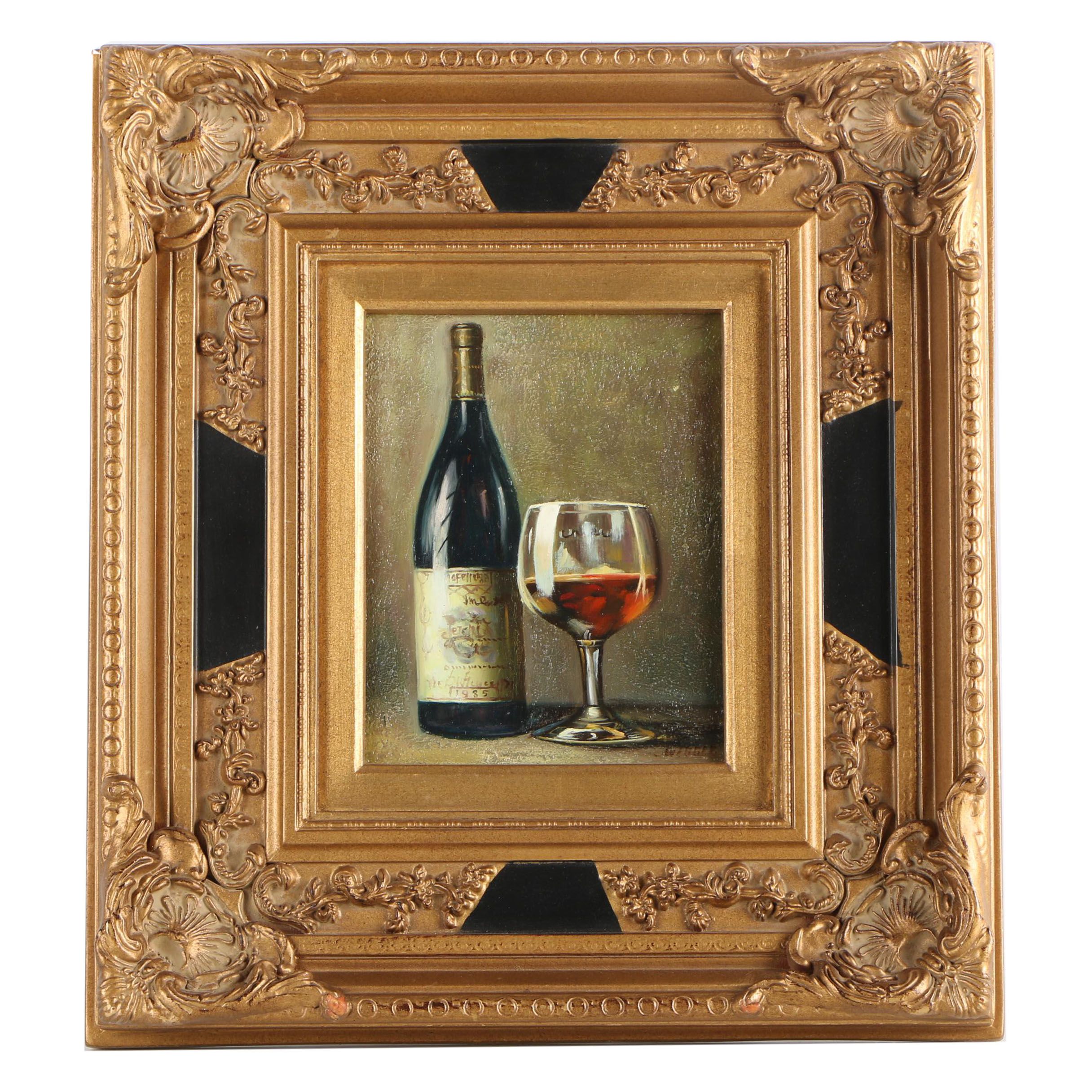 Oil Painting of Wine Bottle and Glass