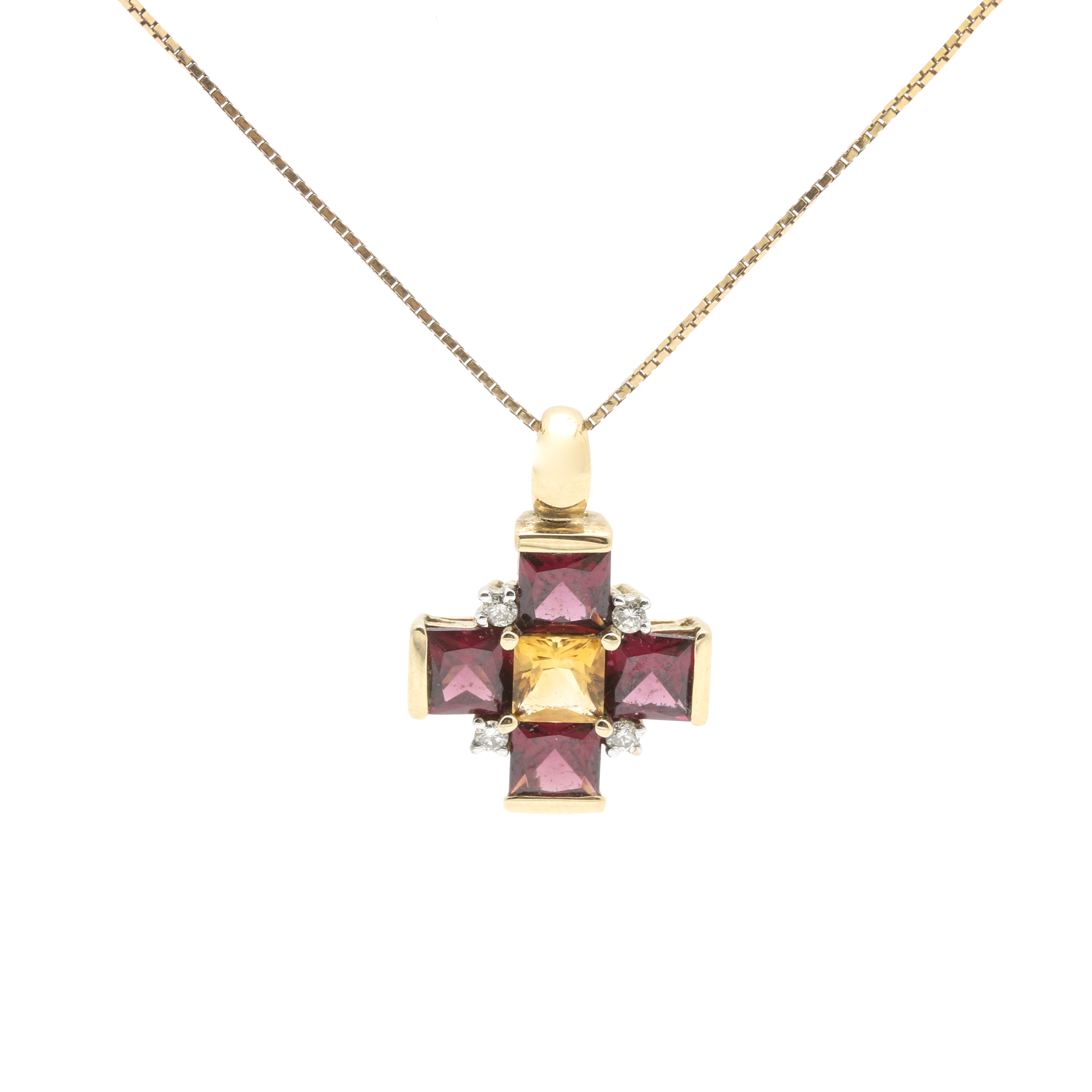 10K Yellow Gold Citrine, Garnet, and Diamond Cruciform Pendant Necklace
