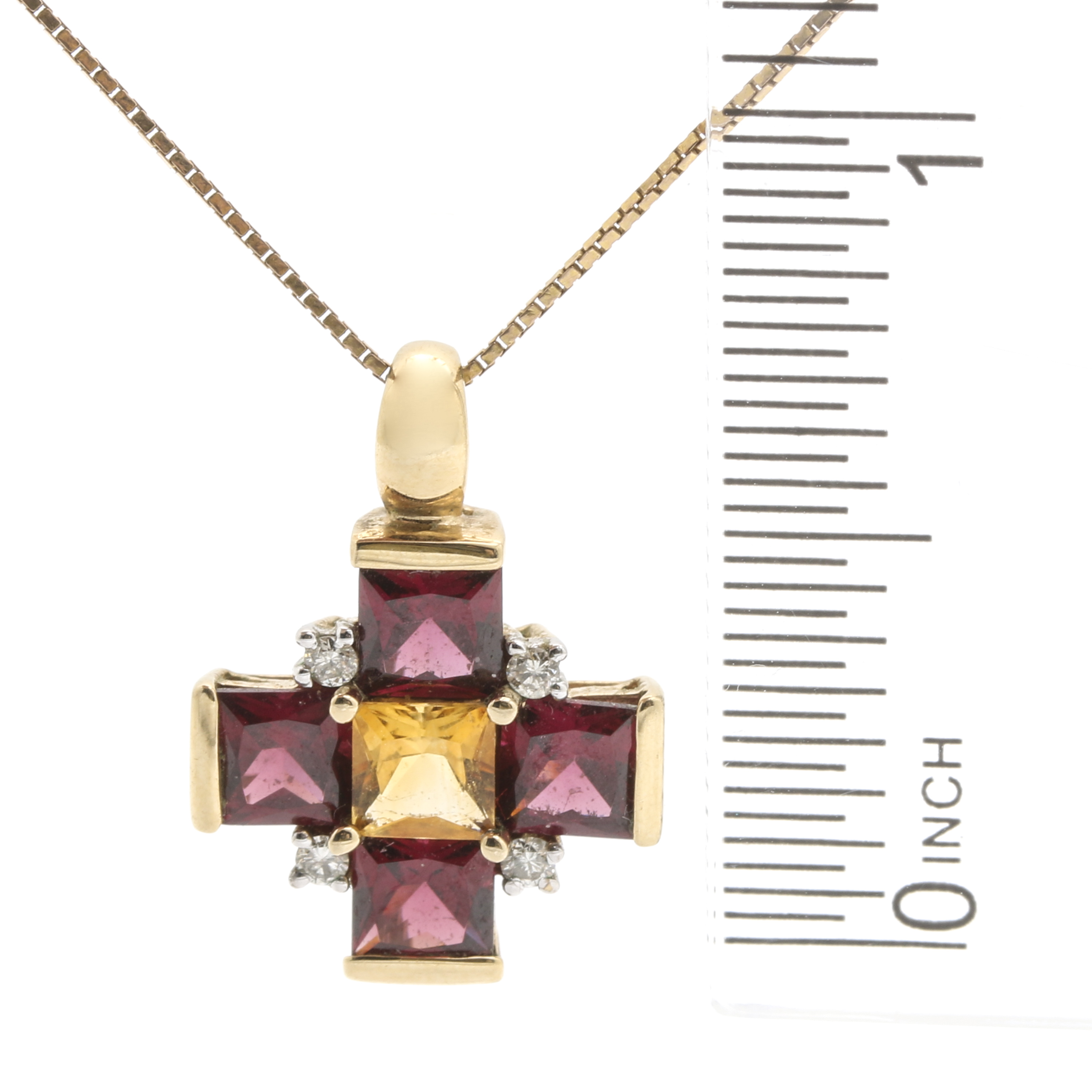 10K Yellow Gold Citrine, Garnet, and Diamond Cruciform Pendant Necklace