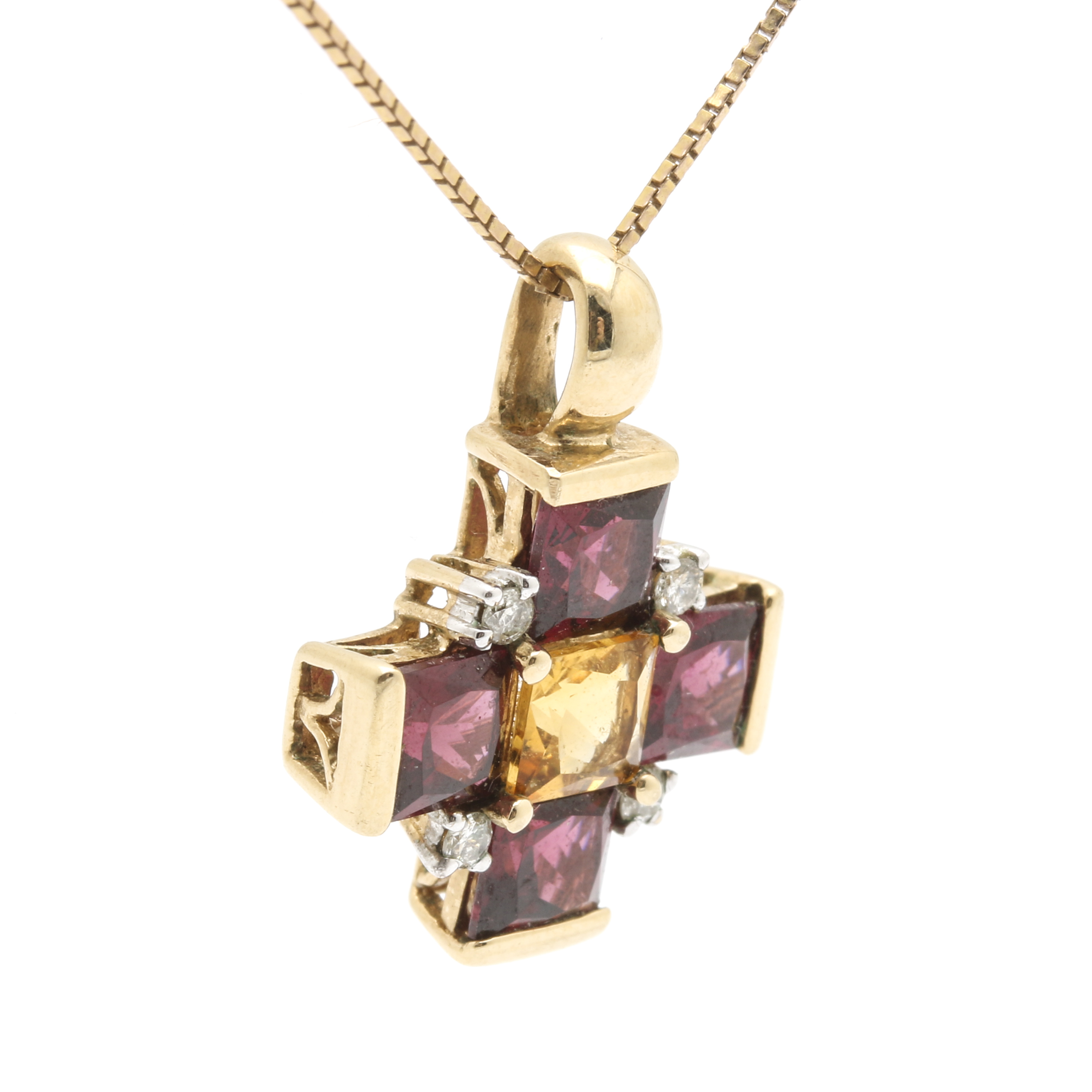 10K Yellow Gold Citrine, Garnet, and Diamond Cruciform Pendant Necklace