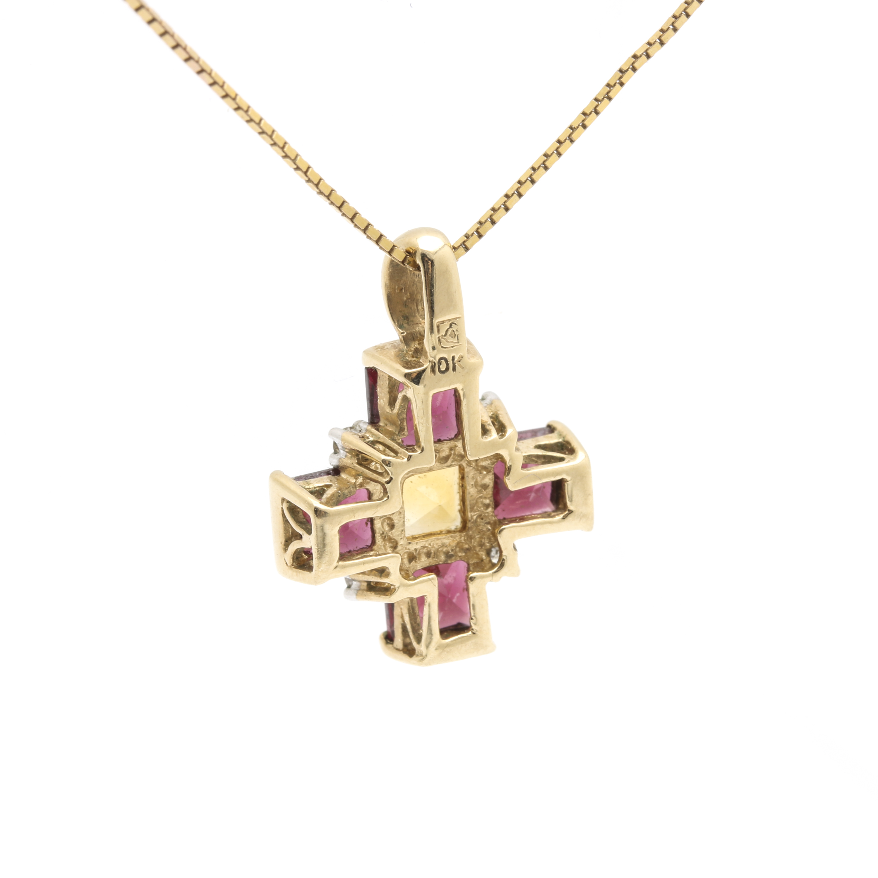 10K Yellow Gold Citrine, Garnet, and Diamond Cruciform Pendant Necklace