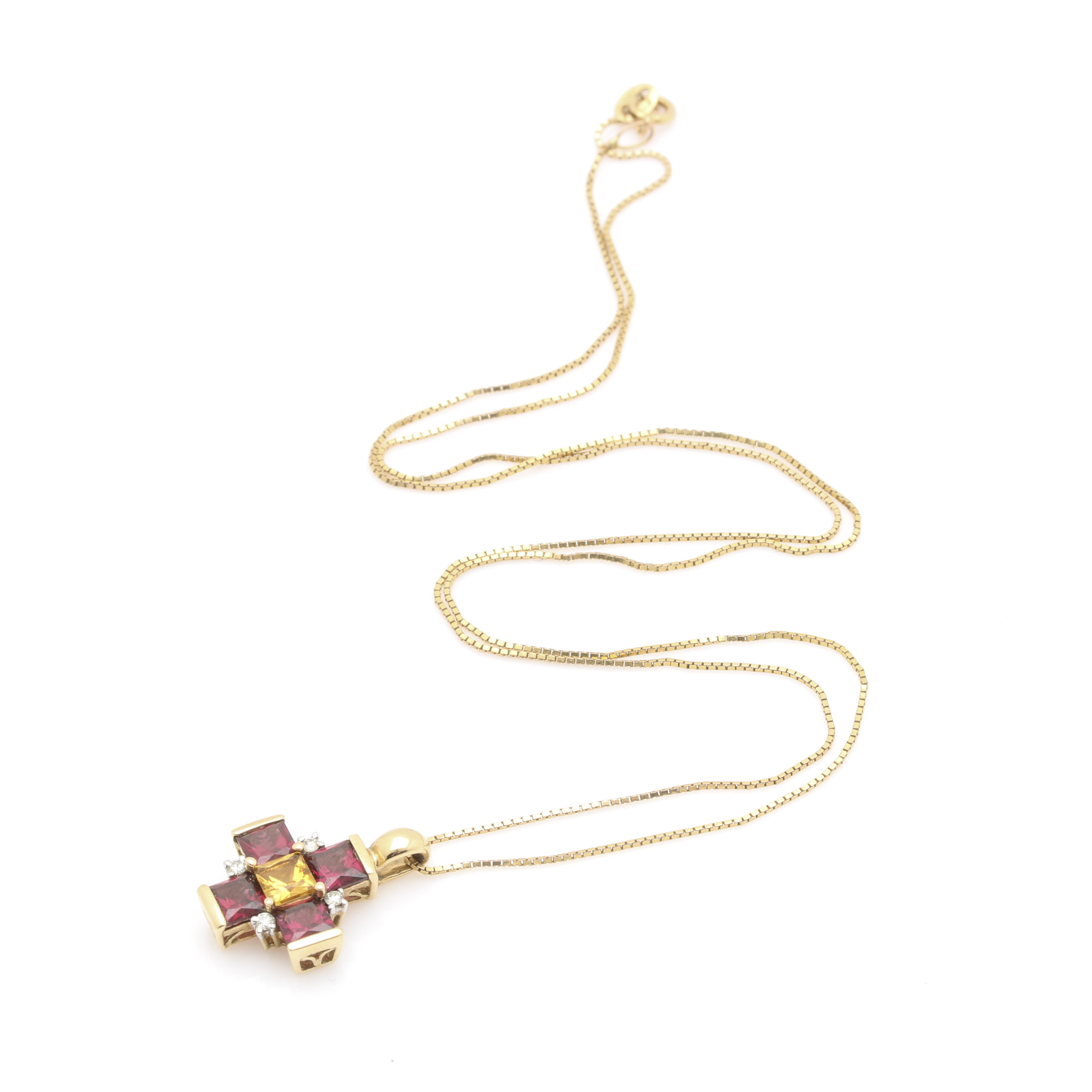 10K Yellow Gold Citrine, Garnet, and Diamond Cruciform Pendant Necklace