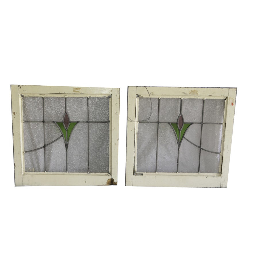 Pair of Vintage Arts and Crafts Style Stained Glass Windows