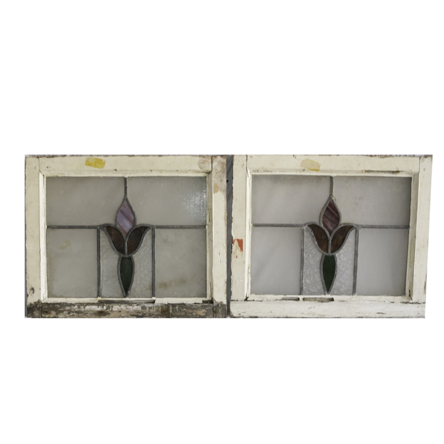 Pair of Vintage Arts and Crafts Style Stained Glass Windows