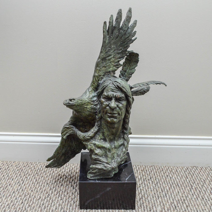 Bronze Sculpture of Native American Inspired Figure and Soaring Eagle