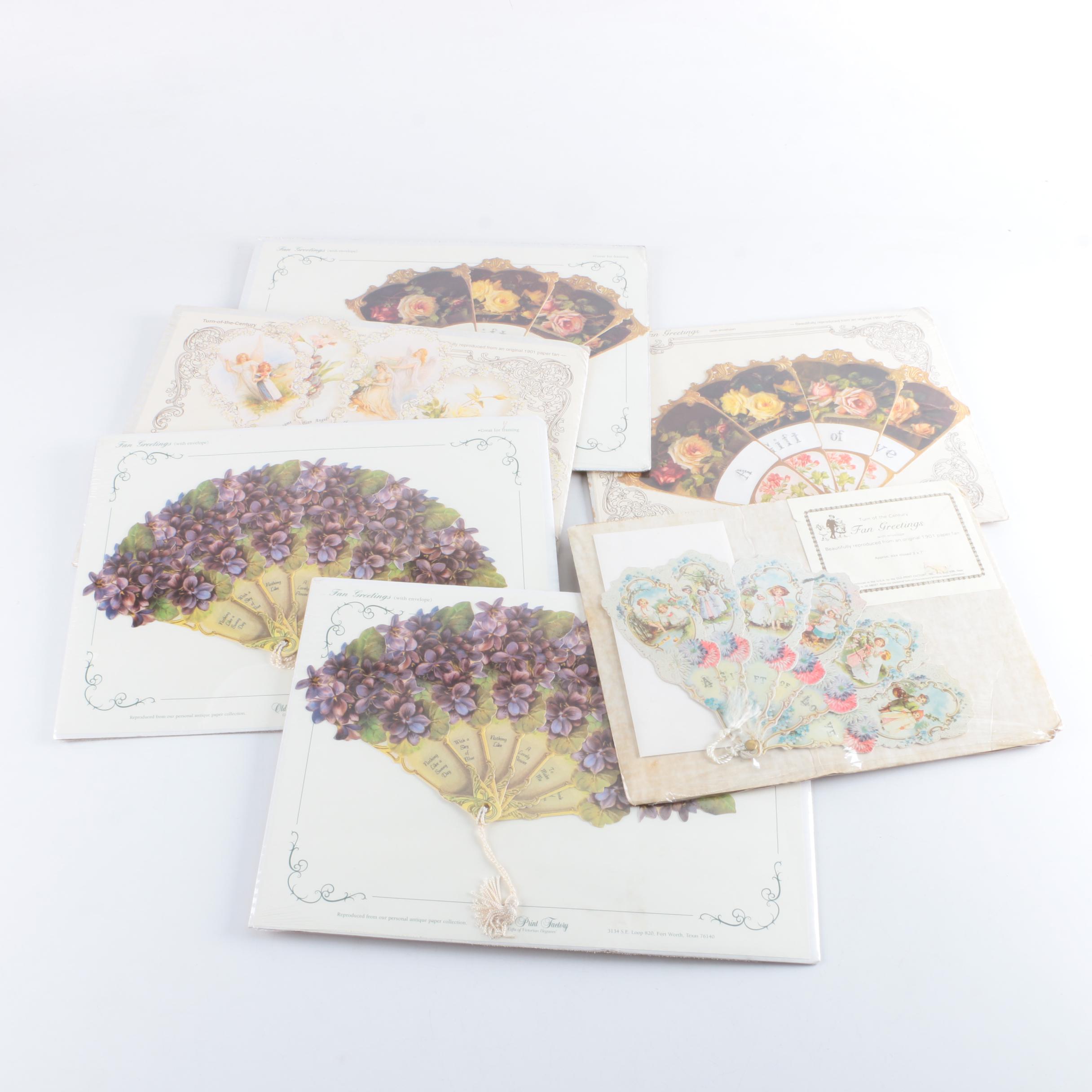 Old Print Factory "Turn of The Century Fan Greetings" Reproduction Paper Fans