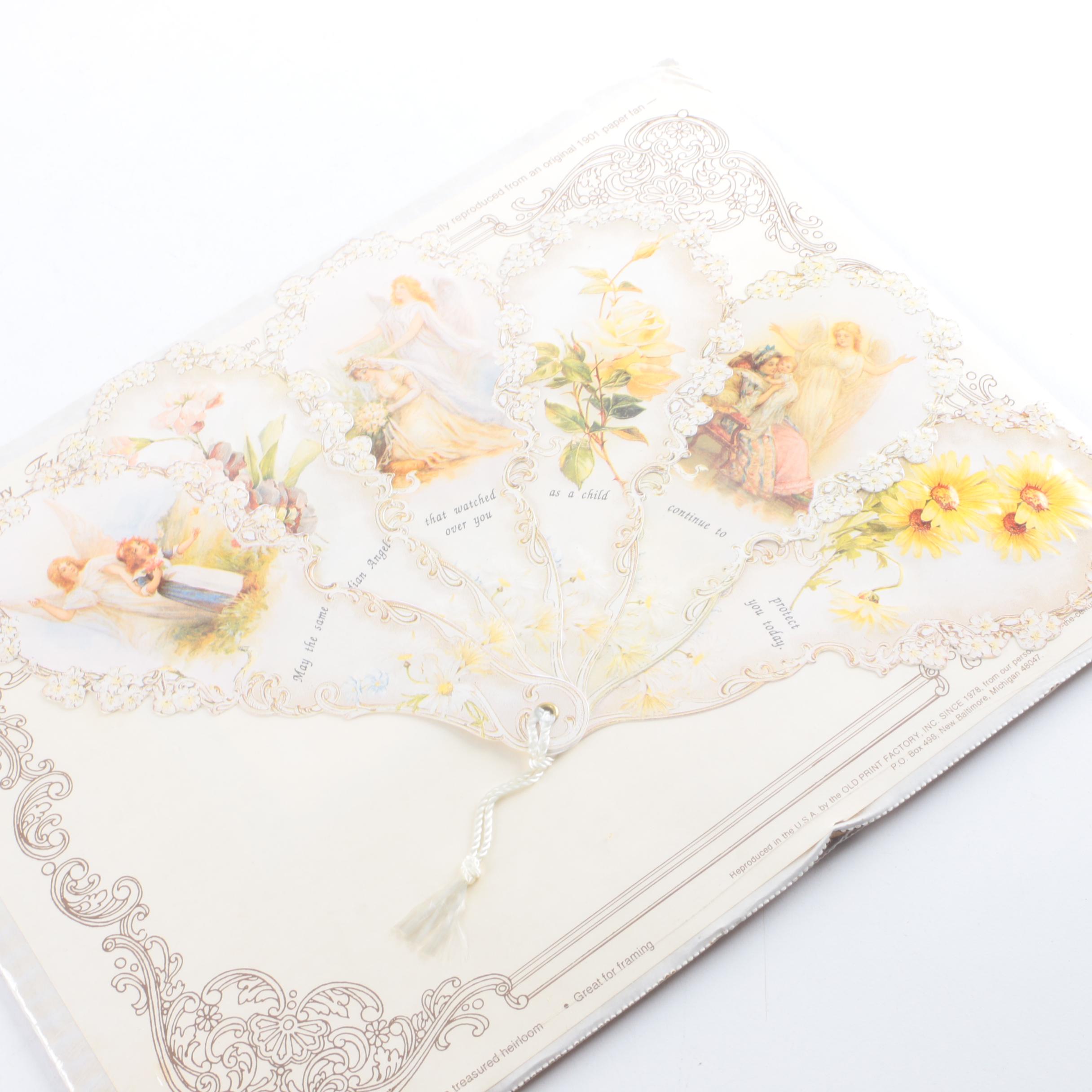 Old Print Factory "Turn of The Century Fan Greetings" Reproduction Paper Fans