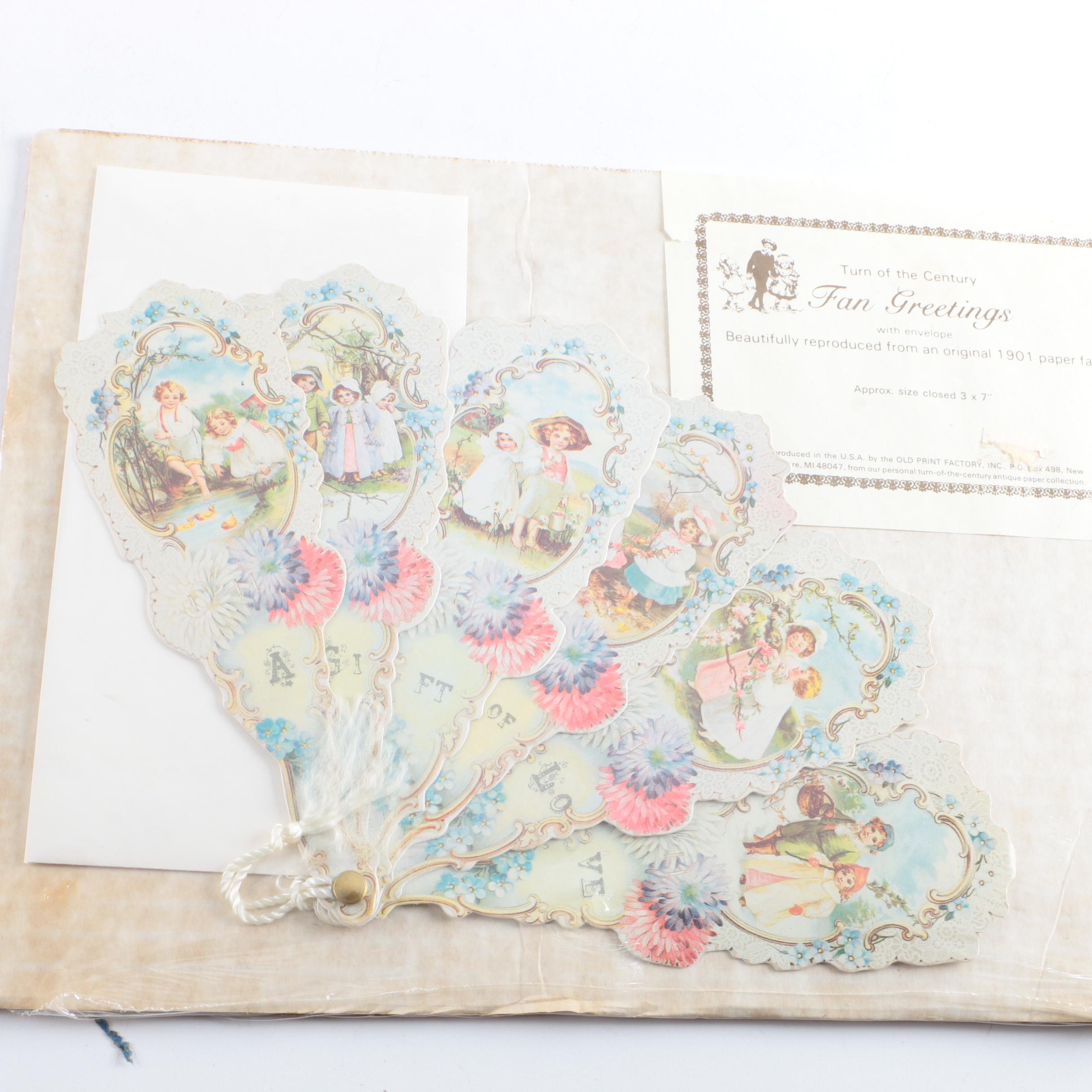 Old Print Factory "Turn of The Century Fan Greetings" Reproduction Paper Fans