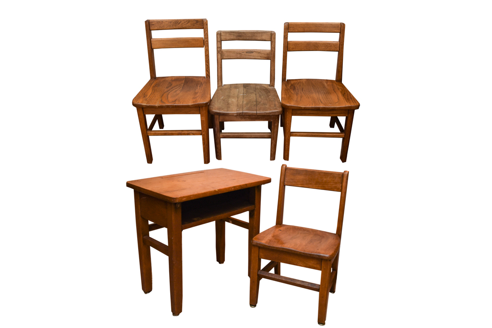 Collection of Vintage Oak School Chairs with Desk