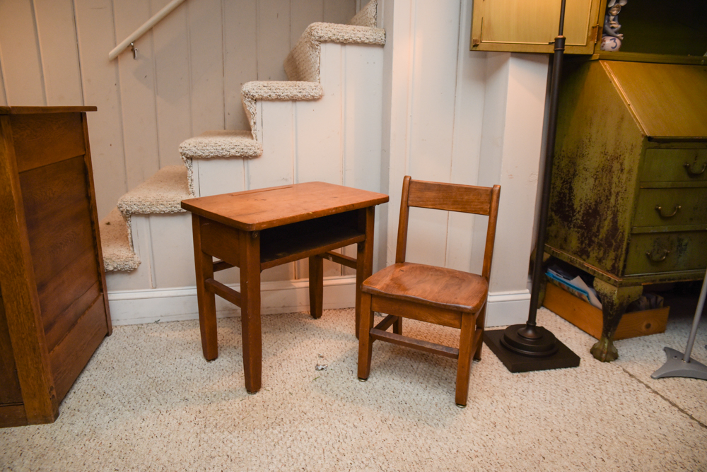 Collection of Vintage Oak School Chairs with Desk