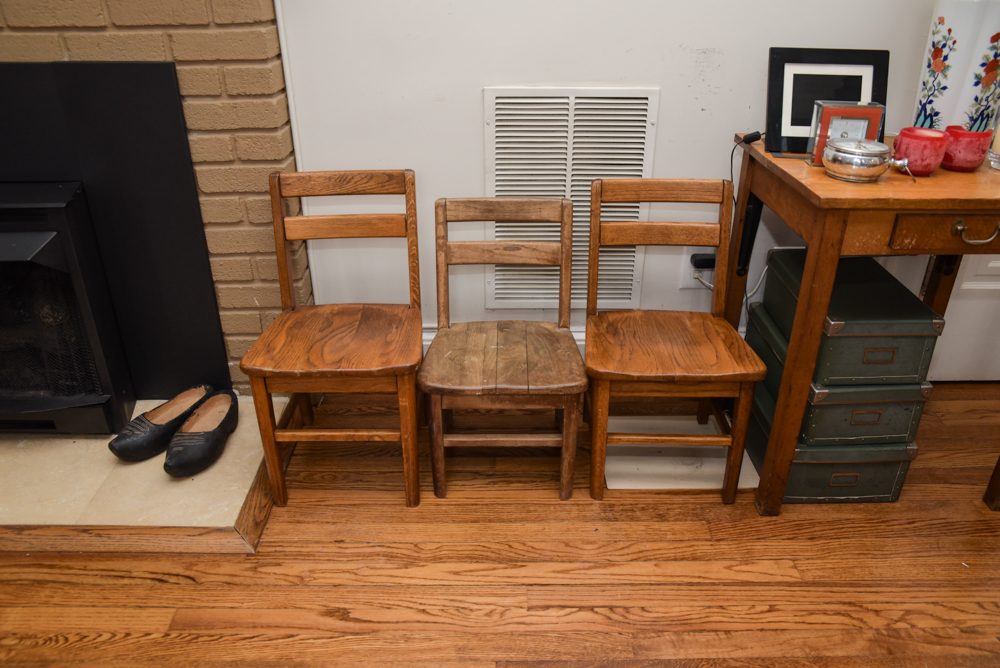 Collection of Vintage Oak School Chairs with Desk