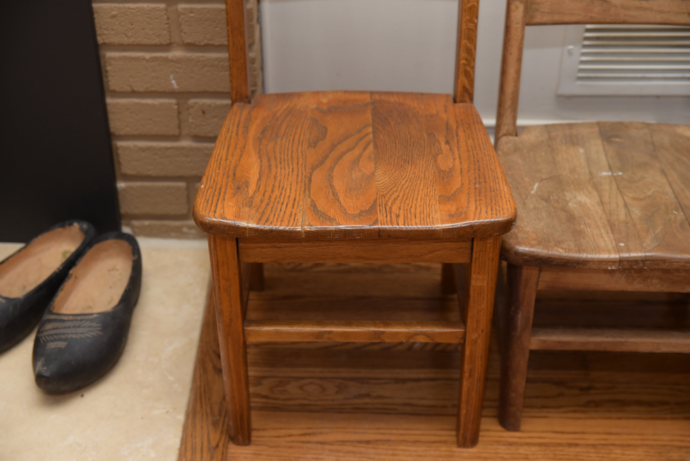Collection of Vintage Oak School Chairs with Desk