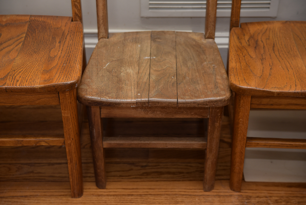 Collection of Vintage Oak School Chairs with Desk