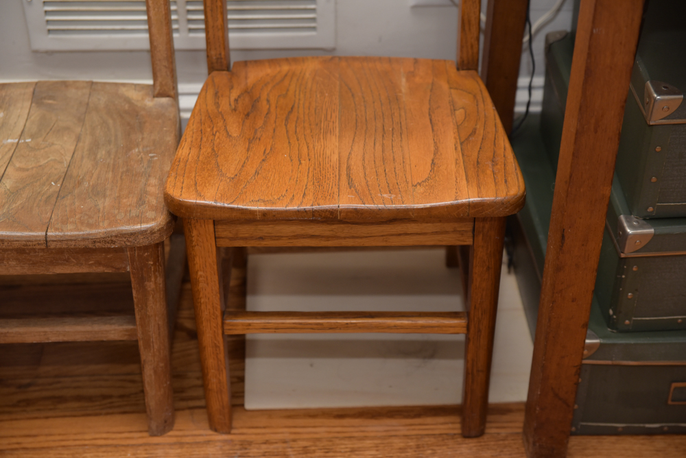 Collection of Vintage Oak School Chairs with Desk