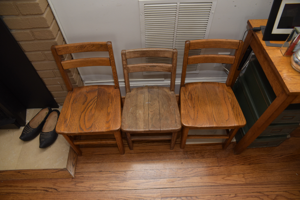 Collection of Vintage Oak School Chairs with Desk