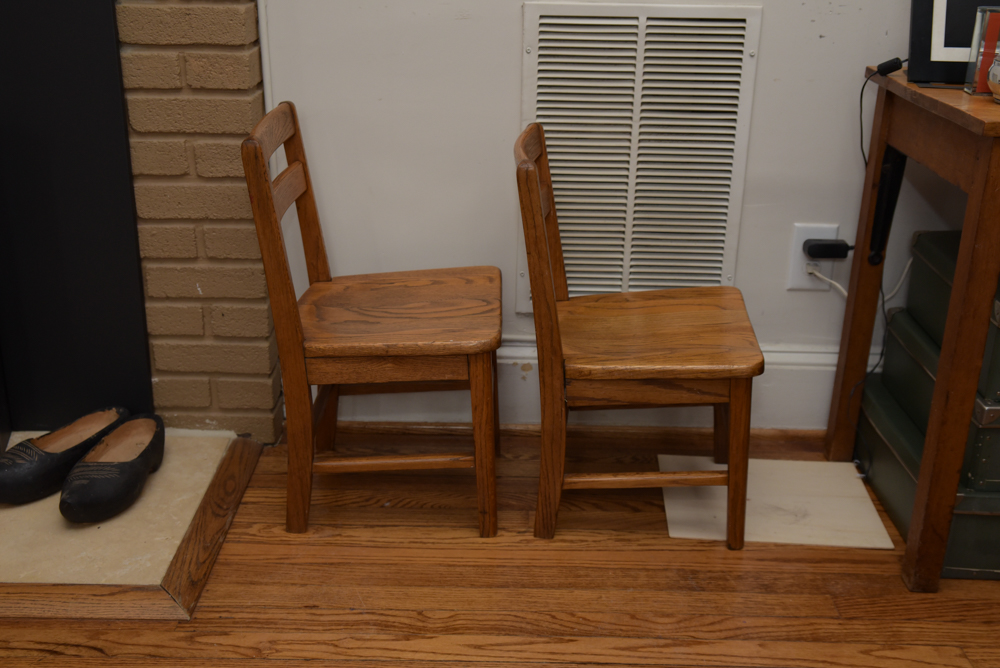 Collection of Vintage Oak School Chairs with Desk