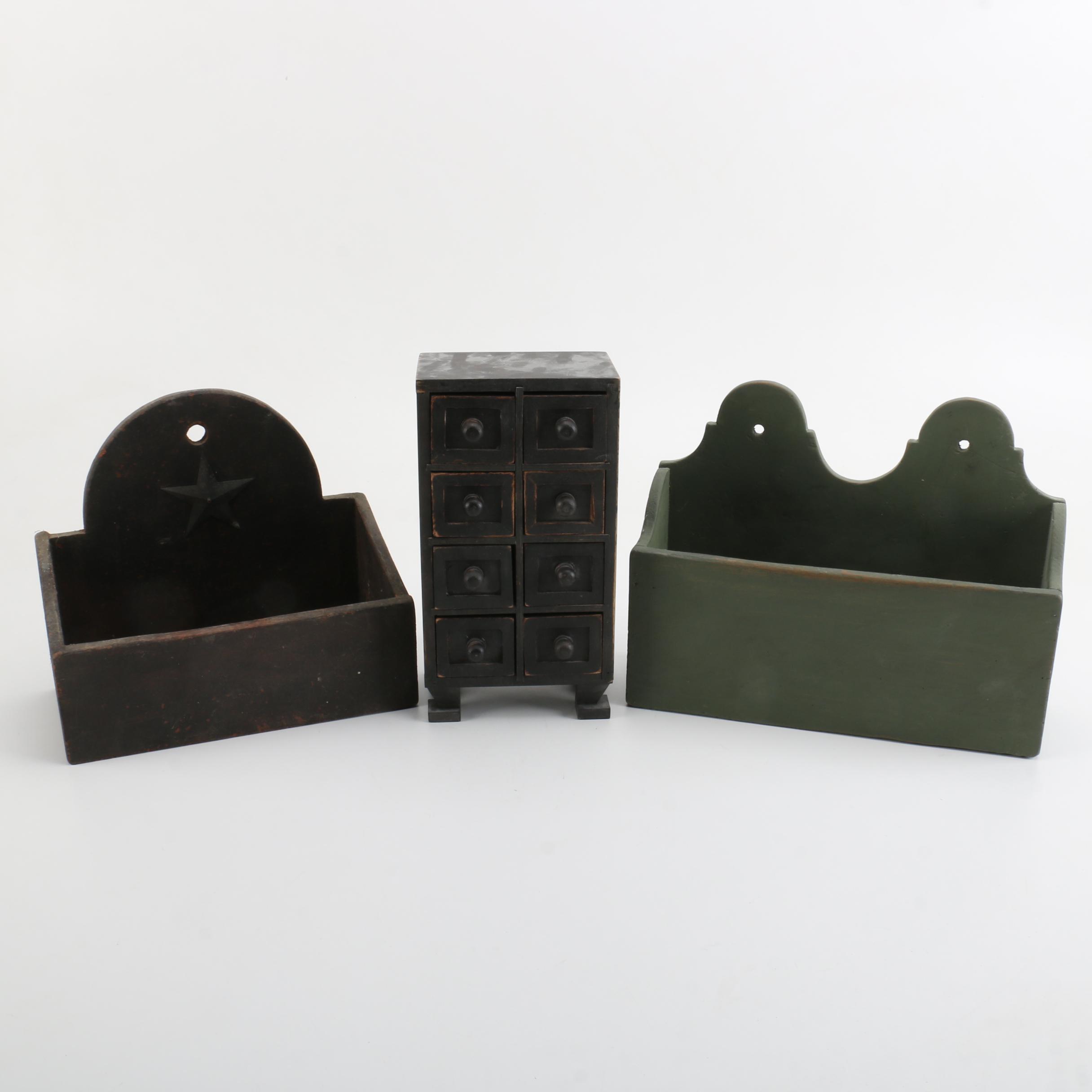 Vintage Wood Wall Boxes and Chest