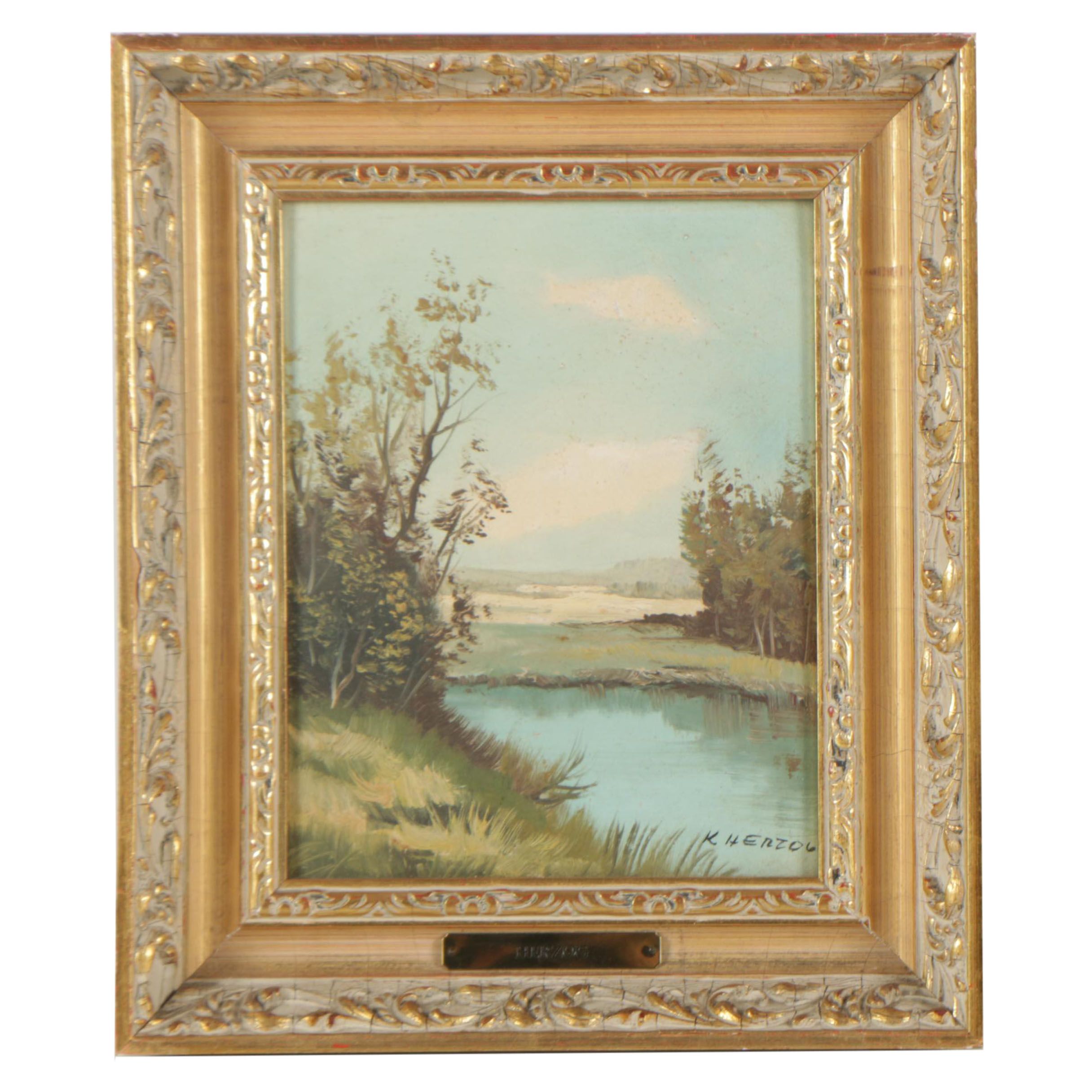 Karl Herzog Oil Painting on Panel of Landscape