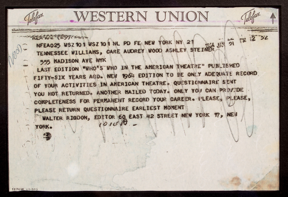 Henry Faulkner and Tennessee Williams: A Note, Telegram and Watercolor