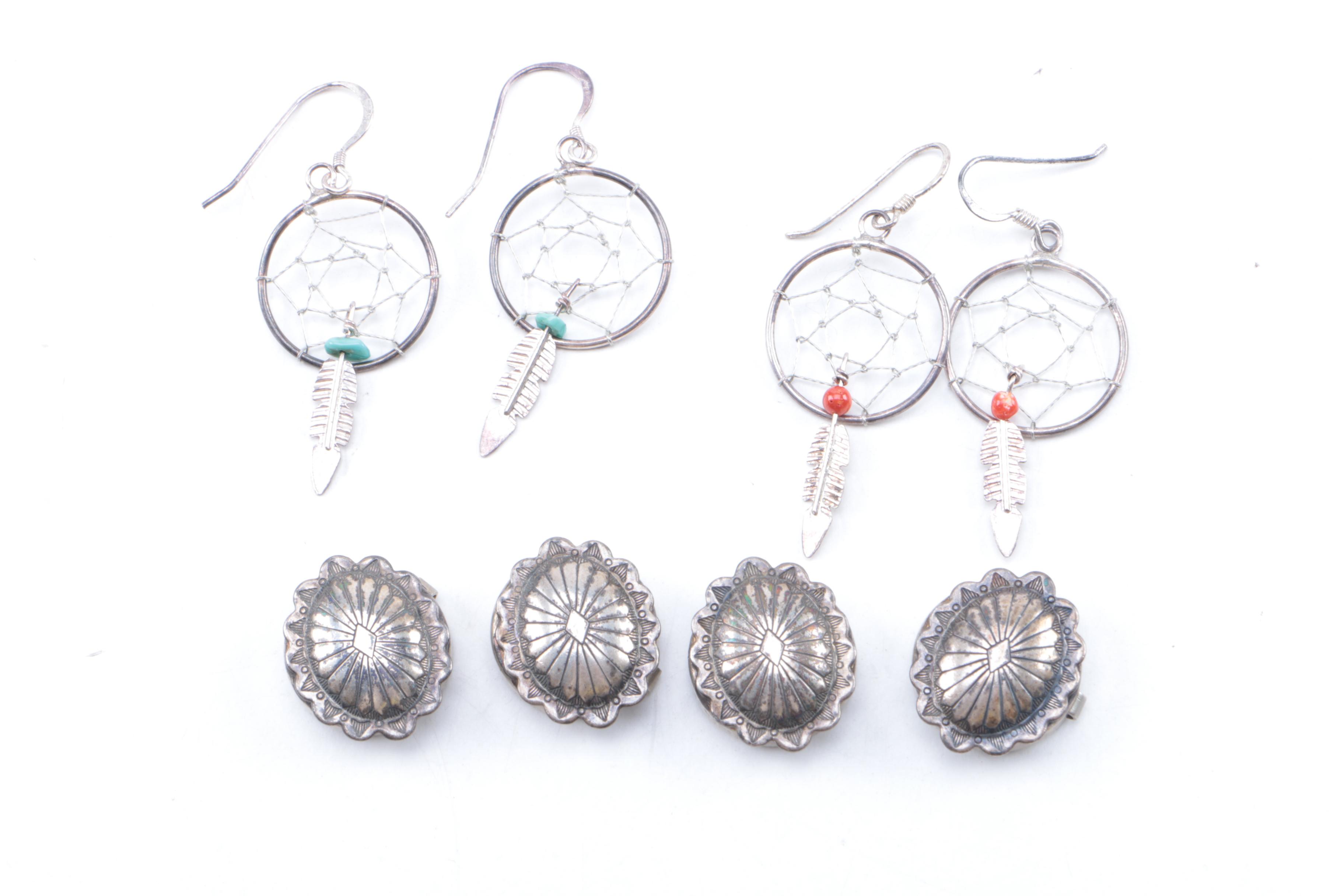 Assortment of Silver Tone Jewelry Including Obsidian, Glass, and Coral