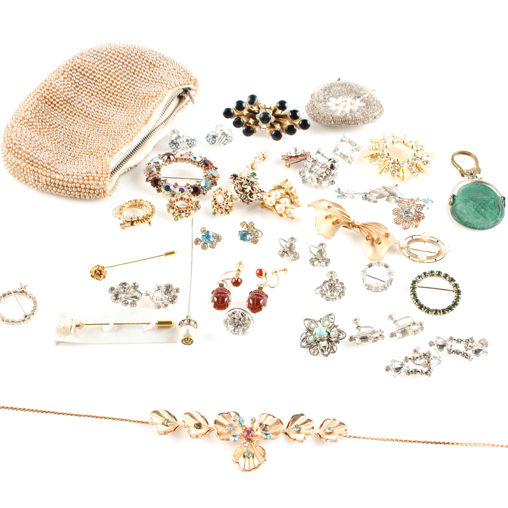 Vintage Costume Jewelry in Beaded Bag