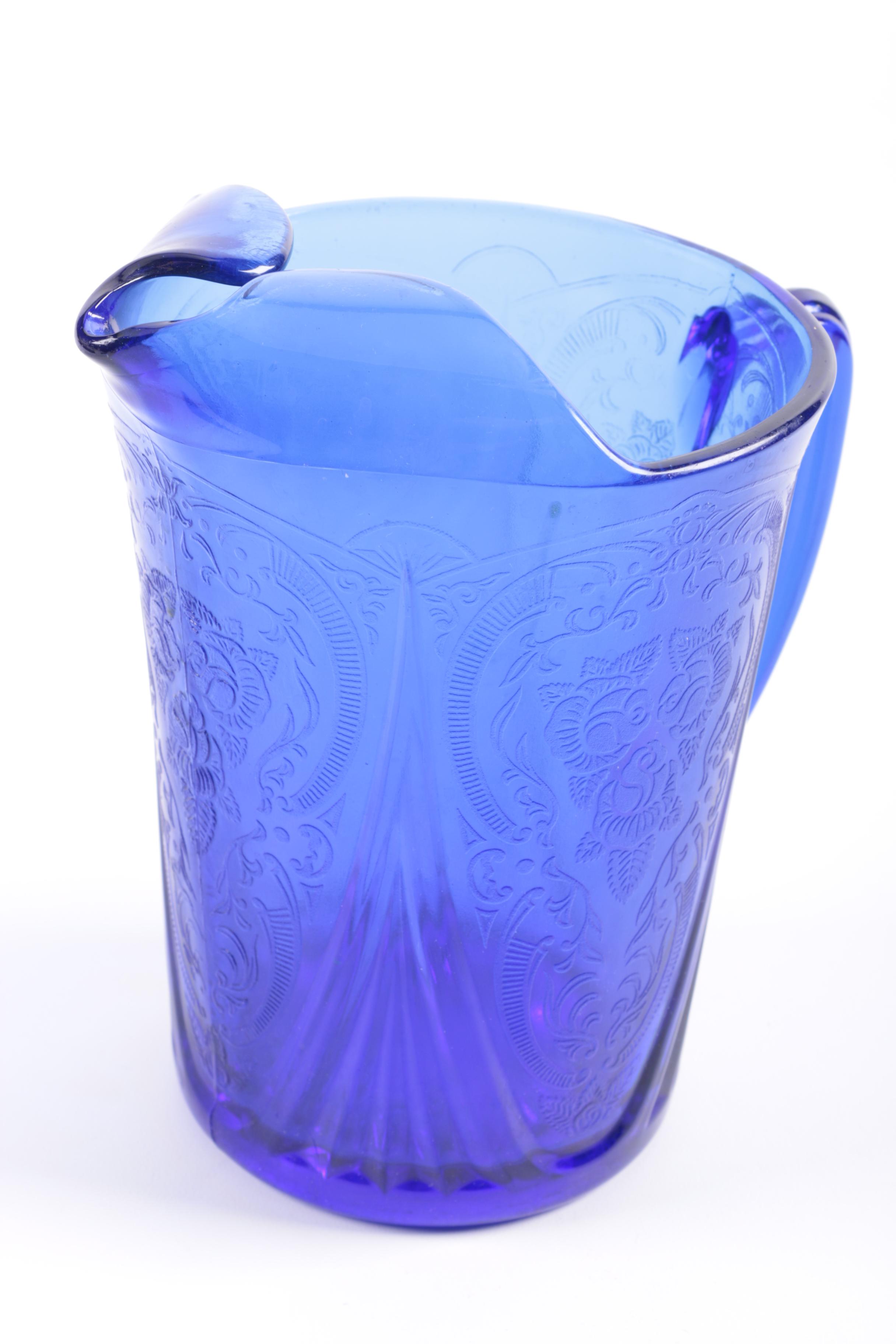 Pressed Blue Glass Rose and Scrolled Foliate Motif Pitcher