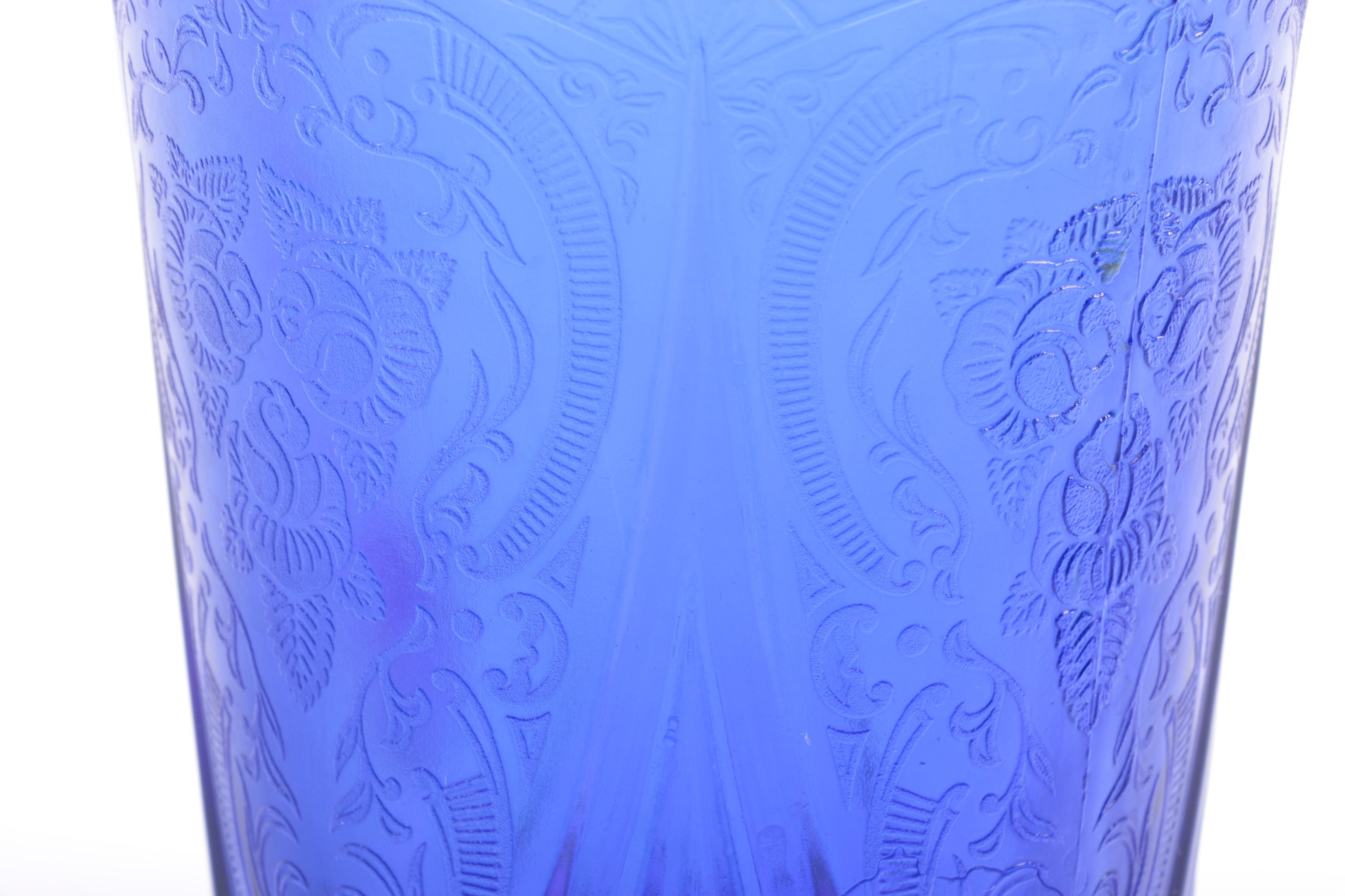 Pressed Blue Glass Rose and Scrolled Foliate Motif Pitcher